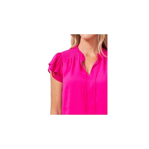 CECE Womens Pink Smocked Textured Flutter Sleeve Tie Neck Party Top XS - Picture 3 of 4